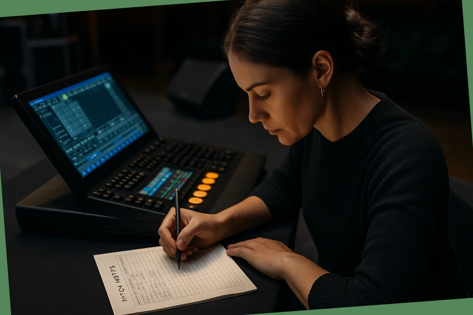 Lighting tech making clear console patch notes before soundcheck