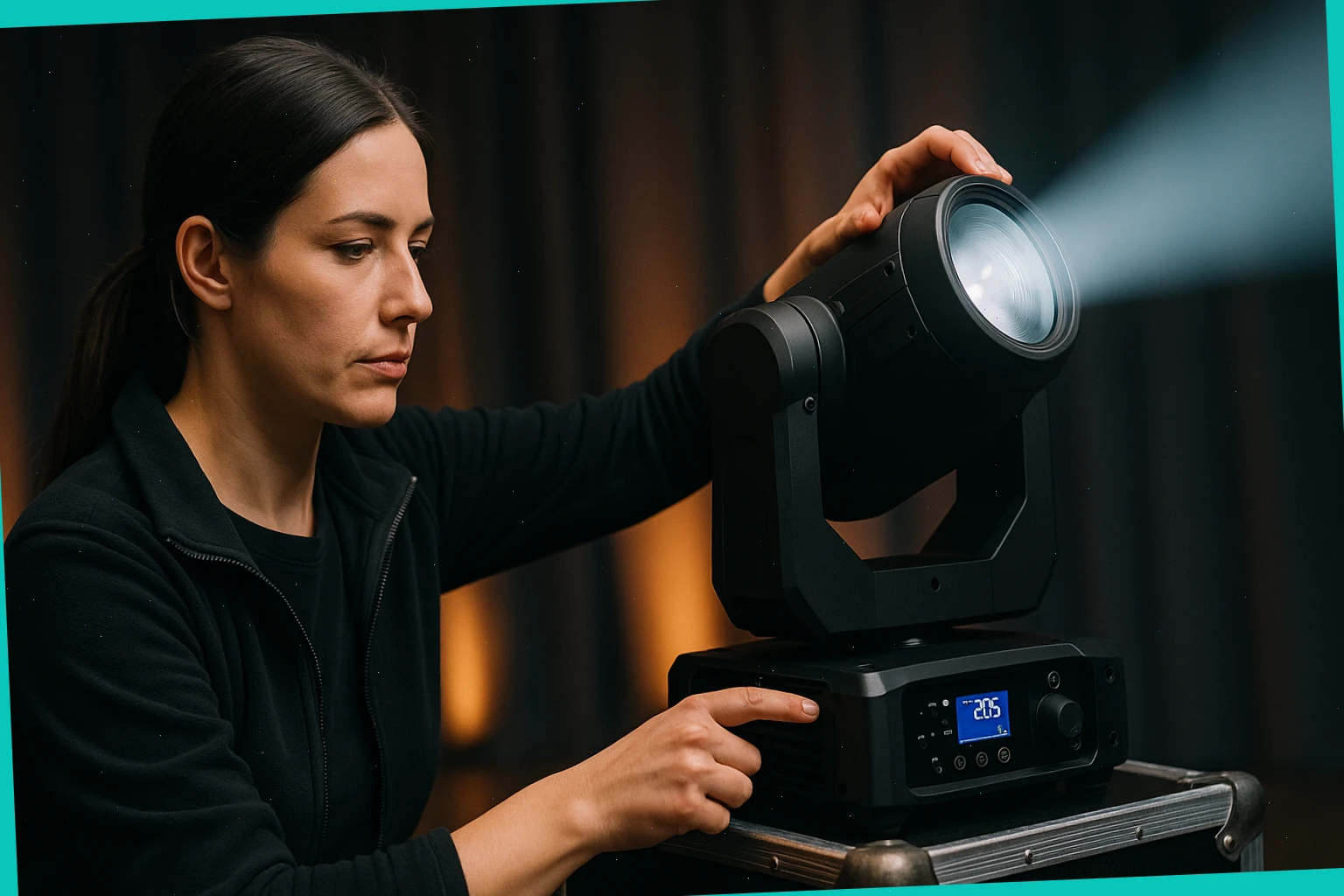 Technician checking DMX address and doing a quick focus test