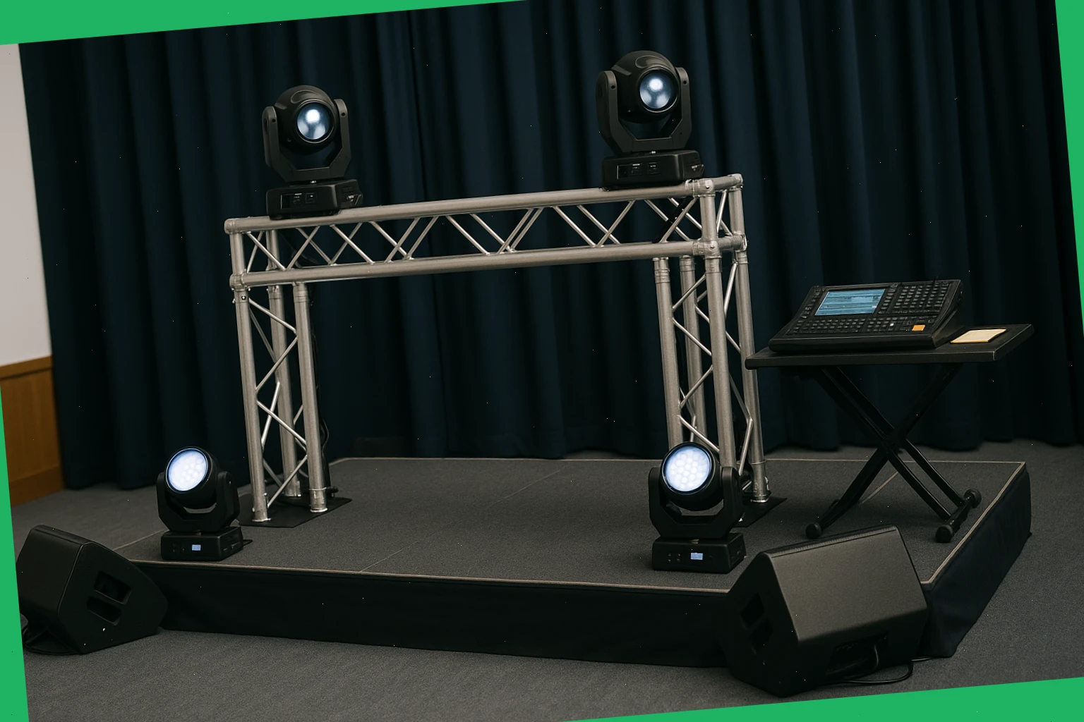 Small truss with movers, side fills and console on a tidy riser