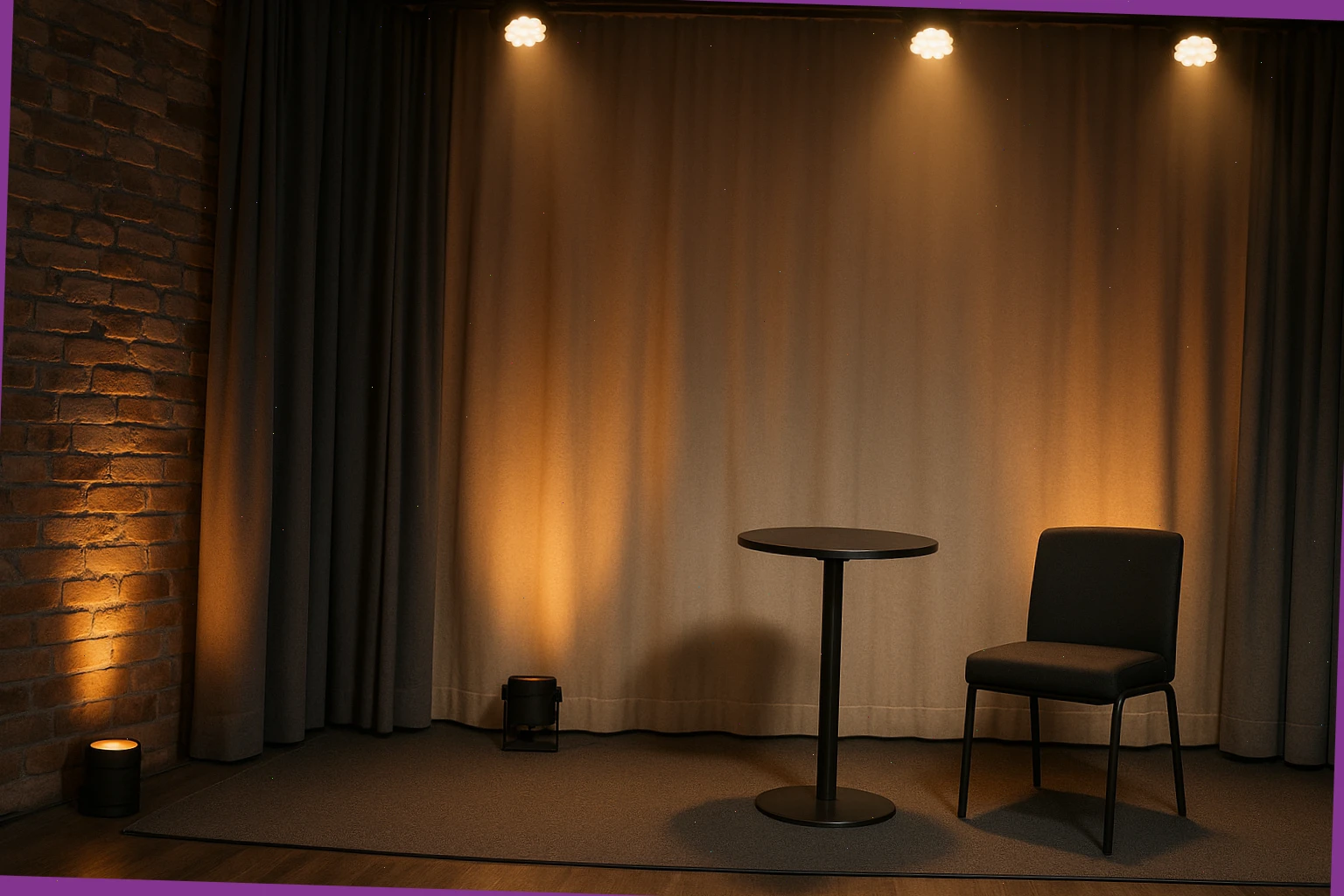 Amber uplight and soft wash set ready for a small reception stage